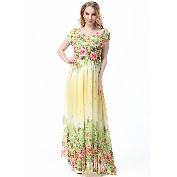 Floral Summer Dress Yellow & Light Green Chiffon Plus Size Dresses Short Sleeve - Picture 7 of 9